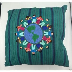 VTG Hand Sewn Throw Pillow Green Blue People Around The World Diversity Culture
